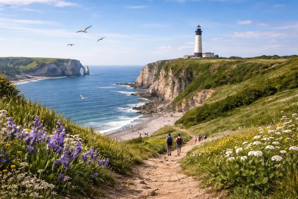 Sentier vers le phare d’Antifer et les falaises de la valleuse d’Antifer, près d’Étretat