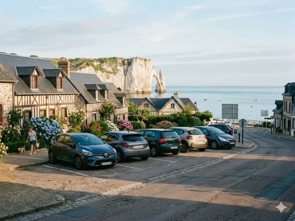 Parking dans le village d'Étretat avec vue sur la falaise d'Aval