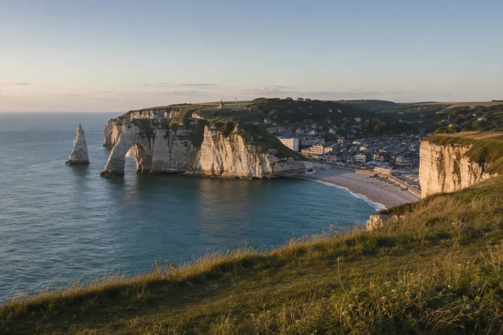 Vue sur la porte d’Aval et l’aiguille d’Étretat depuis la falaise d’Amont